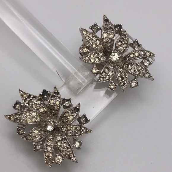 VTG Jomaz Silver Rhinestones Elegant Clip on Earrings
